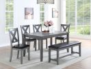 Dining Room Furniture Casual Modern 6pc Set Dining Table 4x Side Chairs and A Bench Rubberwood and Birch veneers Gray Finish